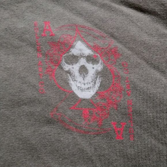 Sullen Art Hoodie Mens M Army Green Pullover Skulls Tattoo Sweatshirt Buckle - Picture 2 of 10